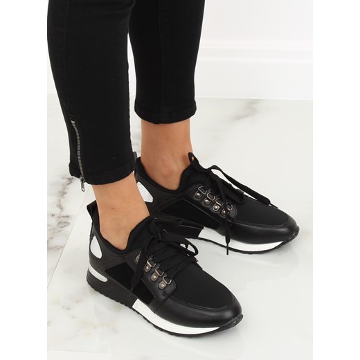 Buty sportowe damskie sneakersy czarne z tkaniny płaskie bez wzorów sznurowane 