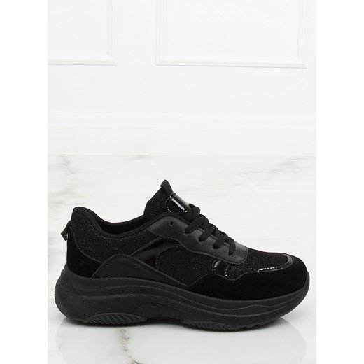 Buty sportowe damskie sneakersy czarne bez wzorów płaskie wiązane 