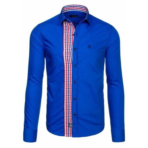 Koszula męska elegancka w kratę z długim rękawem niebieska Denley 5784