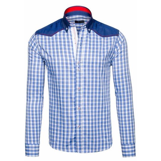 Koszula męska w kratę z długim rękawem niebieska Denley 6861