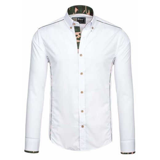 Koszula męska elegancka z długim rękawem moro-biała Bolf 6877