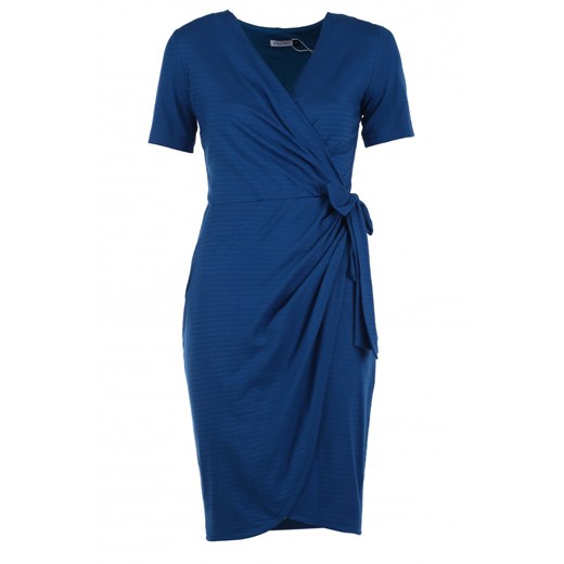 Sukienka Vissavi niebieska kopertowa z krótkim rękawem bez wzorów z dekoltem w serek 