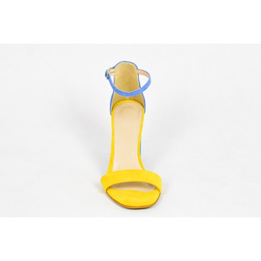 MargoShoes żółte błękitne sandałki sandały na obcasie słupku skóra naturalna zamsz