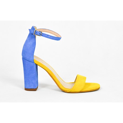 MargoShoes żółte błękitne sandałki sandały na obcasie słupku skóra naturalna zamsz