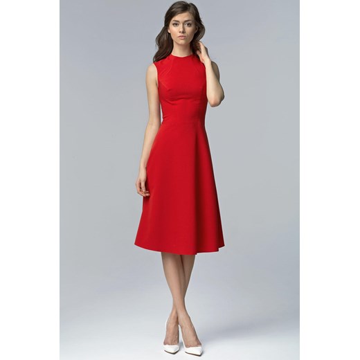 Sukienka Nife czerwona midi z okrągłym dekoltem bez wzorów 