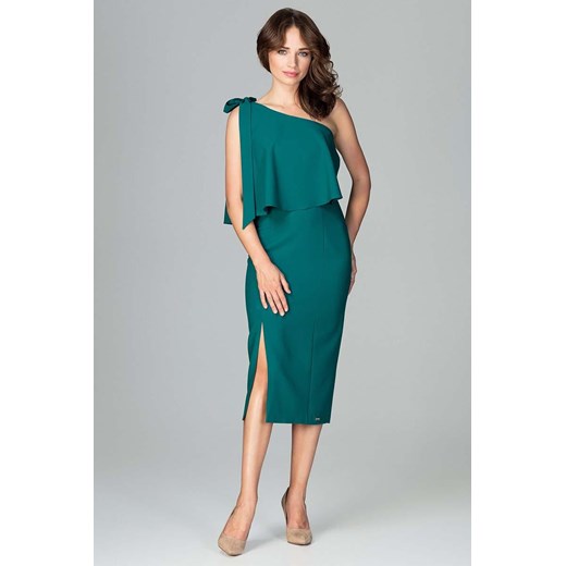 Sukienka Katrus elegancka zielona z asymetrycznym dekoltem 