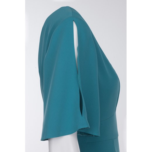 Vissavi sukienka midi niebieska z krótkim rękawem bez wzorów z dekoltem v dopasowana biznesowa 