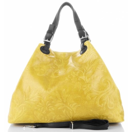 Oryginalna Włoska Torebka Skórzana typu ShopperBag z tłoczeniami kwiatów marki Genuine Leather Żółte (kolory)