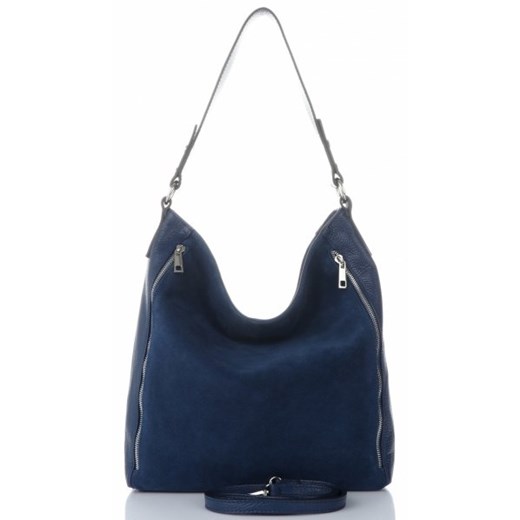 Shopper bag Vittoria Gotti niebieska na ramię bez dodatków skórzana 