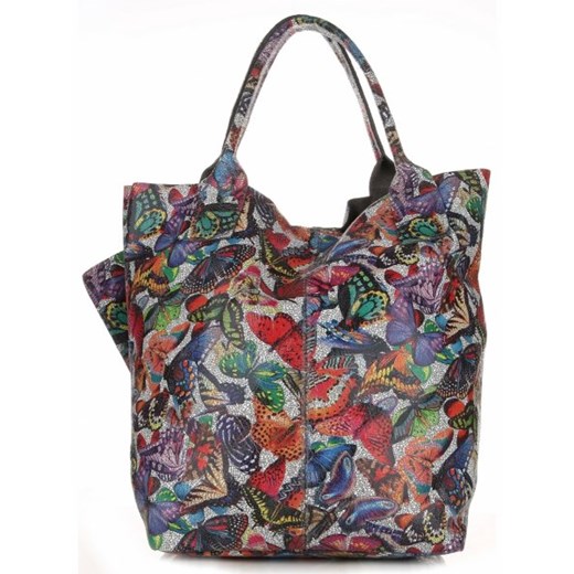 Torba Skórzana Shopper Bag VITTORIA GOTTI Made in Italy w Motyle Multikolor - Szara (kolory)