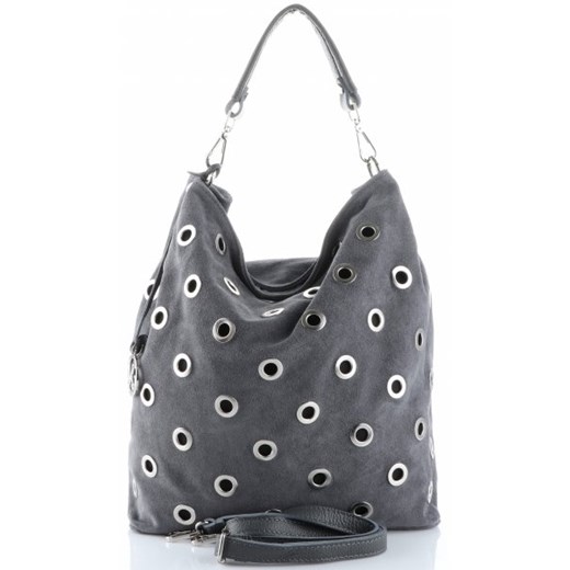 Shopper bag Vittoria Gotti elegancka szara mieszcząca a4 skórzana ze zdobieniami 