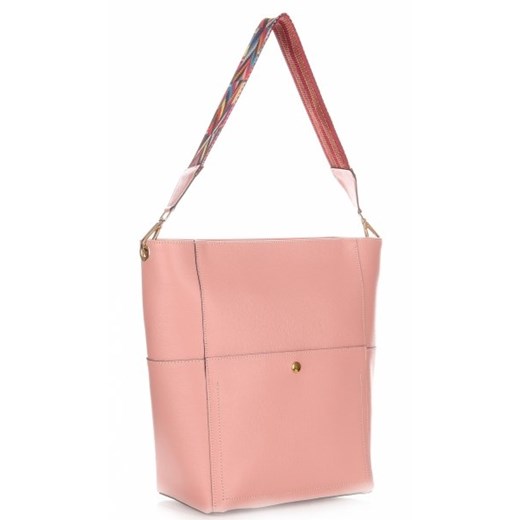 Włoskie Torby ze Skóry Shopper Genuine Leather z kolorowym paskiem Różowa (kolory)