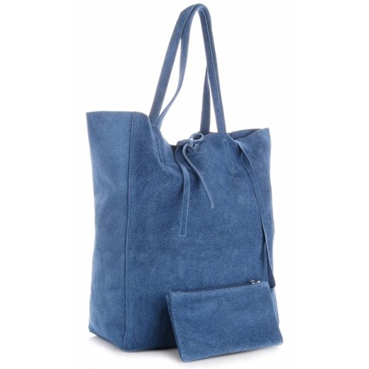 Modne Torebki Skórzane typu ShopperBag z Etui Zamsz Naturalny Wysokiej Jakości Niebieska - Jeans (kolory)