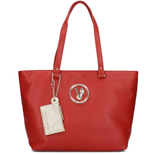 Shopper bag czerwona Versace Jeans na ramię z aplikacjami ze skóry ekologicznej duża 