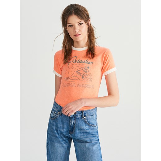 Reserved - T-shirt z kontrastowymi lamówkami - Pomarańczo Reserved  S 