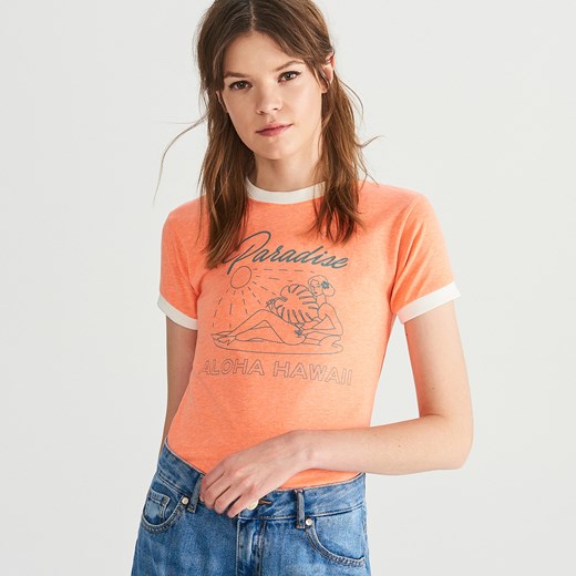 Reserved - T-shirt z kontrastowymi lamówkami - Pomarańczo  Reserved S 