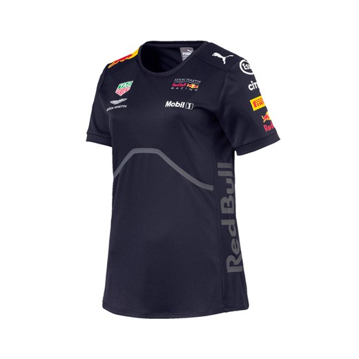 Red Bull Racing F1 Team bluzka damska z nadrukami granatowa z krótkimi rękawami z okrągłym dekoltem 