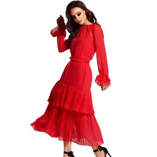 Lemoniade sukienka gładka z długim rękawem czerwona na randkę z okrągłym dekoltem maxi boho 