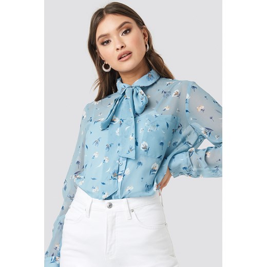 NA-KD Trend Floral Print Sheer Pussy Bow Blouse - Blue Na-kd Trend  L NA-KD