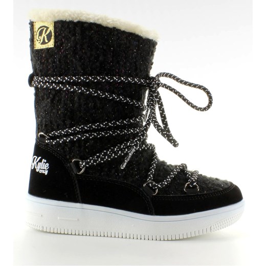Buty zimowe dziecięce czarne Butymodne sznurowane śniegowce bez wzorów 