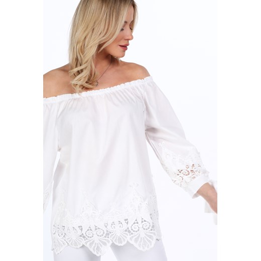Fasardi bluzka damska biała z tkaniny z dekoltem typu hiszpanka z długim rękawem 