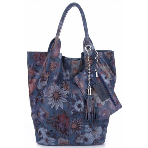 VITTORIA GOTTI Made in Italy Torebka Skórzana Shopper Bag Kwiaty Multikolor - Ciemno Niebieska (kolory)