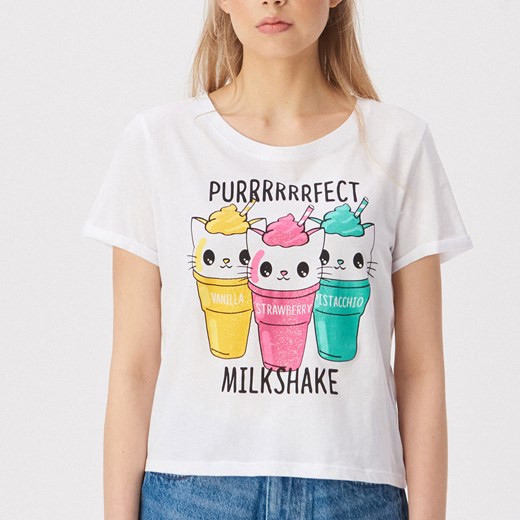 Sinsay - T-shirt Purrrfect milkshake - Biały  Sinsay XL 