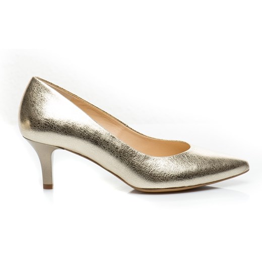 Czółenka Buty Kotyl złote skórzane bez zapięcia gładkie eleganckie na obcasie 