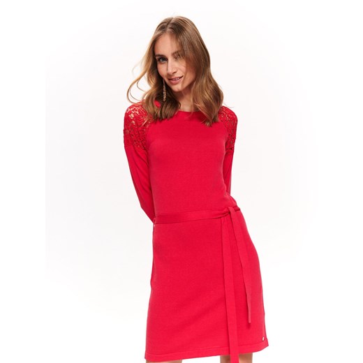 Sukienka Top Secret z długim rękawem z okrągłym dekoltem koronkowa czerwona midi prosta 