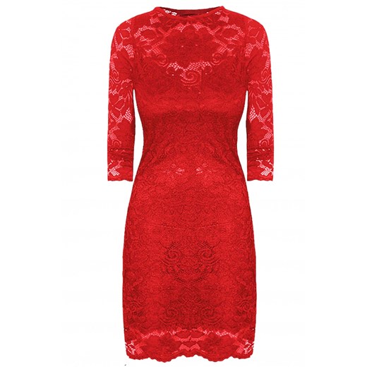 Sukienka czerwona elegancka z okrągłym dekoltem z długim rękawem z poliestru 