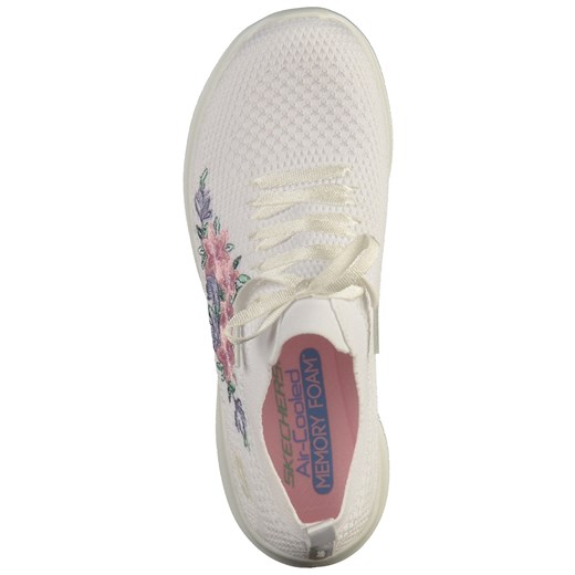Białe buty sportowe damskie Skechers sneakersy w stylu młodzieżowym na lato sznurowane w kwiaty płaskie 