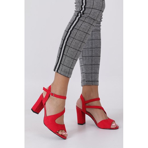 Czerwone sandały damskie Sergio Leone eleganckie z klamrą bez wzorów1 na obcasie na wysokim 