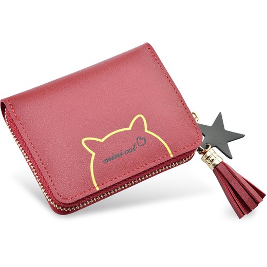 Zgrabny portfel damski rockowa portmonetka na zamek mały portfelik z breloczkiem print kotek - czerwony    world-style.pl