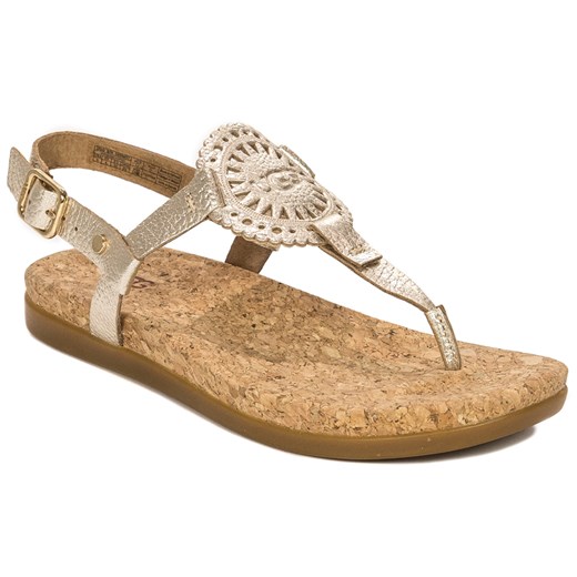 Ugg sandały damskie złote casual skórzane z klamrą bez obcasa gładkie 