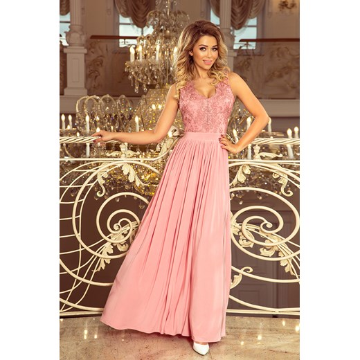 Sukienka Numoco elegancka różowa maxi na wesele prosta 
