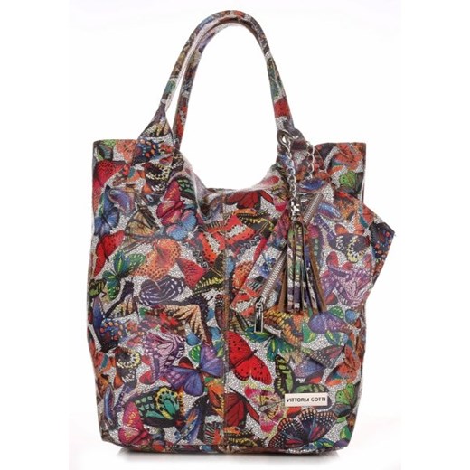 Torba Skórzana Shopper Bag VITTORIA GOTTI Made in Italy w Motyle Multikolor - Ziemista (kolory)