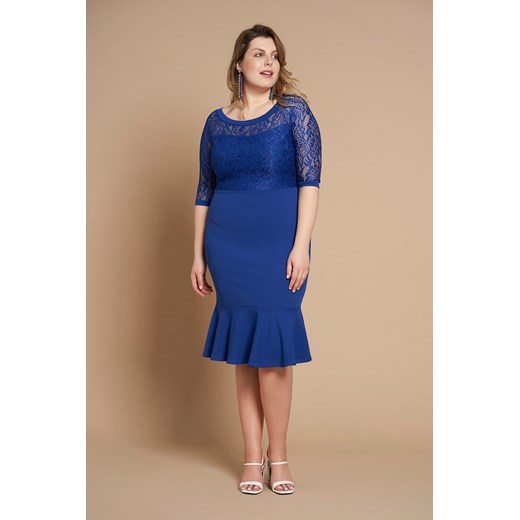 Sukienka By 20inlove z okrągłym dekoltem koronkowa niebieska na spotkanie biznesowe elegancka 