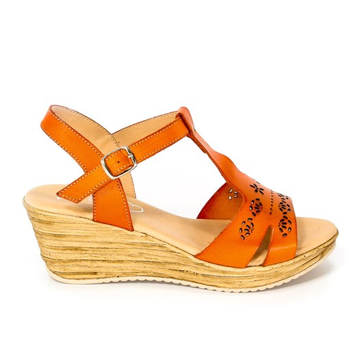 Pomarańczowe sandały damskie Presso na koturnie casual z klamrą na średnim obcasie gładkie 