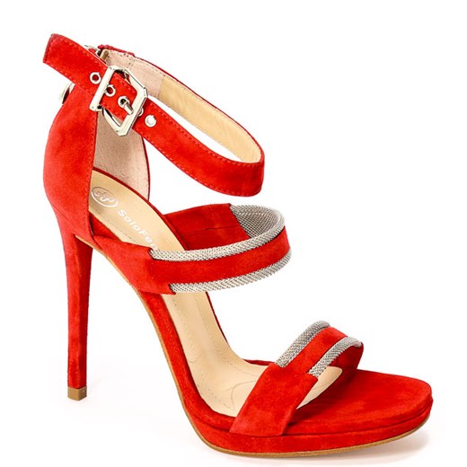 SOLO FEMME sandały damskie bez wzorów eleganckie czerwone z klamrą na szpilce 