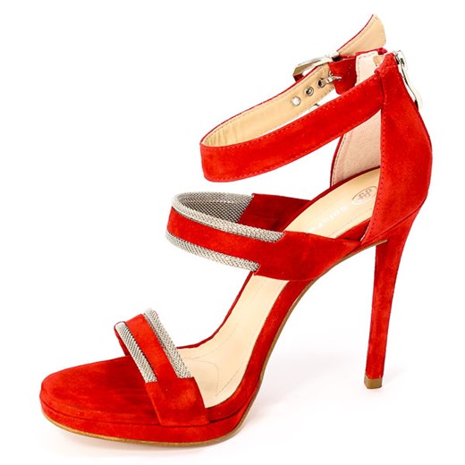 Sandały damskie SOLO FEMME eleganckie bez wzorów z klamrą na lato czerwone na wysokim obcasie 
