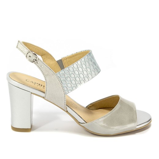 Caprice sandały damskie srebrne na obcasie z klamrą eleganckie ze skóry 