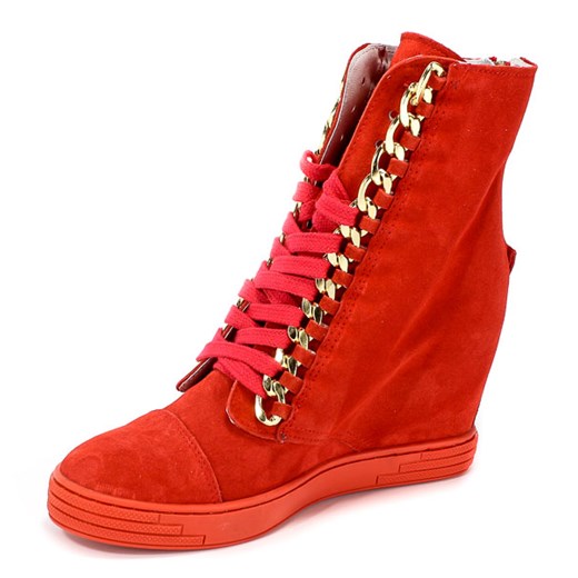 Sneakersy damskie Booci młodzieżowe czerwone wiązane skórzane 