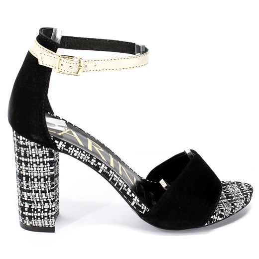 Sandały damskie czarne Carinii na obcasie eleganckie z klamrą w abstrakcyjnym wzorze skórzane na wysokim 