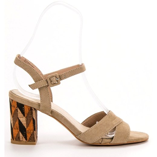 Sandały damskie Flippo brązowe eleganckie w abstrakcyjne wzory na średnim obcasie 
