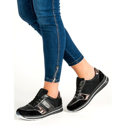 Buty sportowe damskie Shelovet młodzieżowe na wiosnę czarne sznurowane gładkie płaskie 