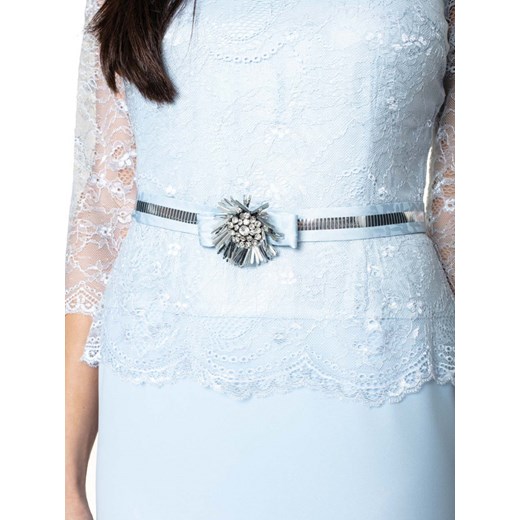 Sukienka Potis & Verso maxi z długim rękawem rozkloszowana z okrągłym dekoltem niebieska szyfonowa na bal 