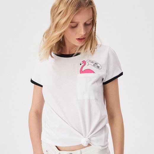 Sinsay - T-shirt z kontrastowymi lamówkami - Biały  Sinsay M 