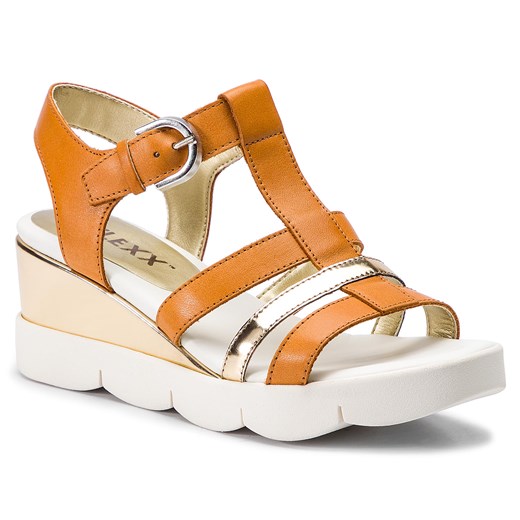 The Flexx sandały damskie na koturnie pomarańczowe ze skóry ekologicznej z niskim obcasem z klamrą 