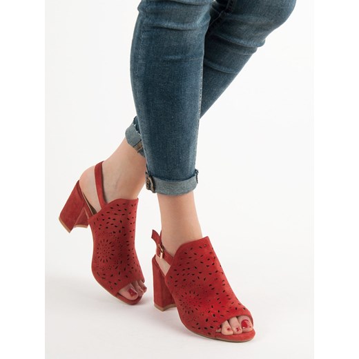 Sandały damskie czerwone CzasNaButy na słupku eleganckie bez wzorów na wysokim obcasie 