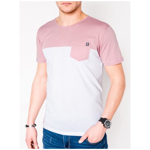 T-shirt męski bez nadruku S1014 - różowy/biały